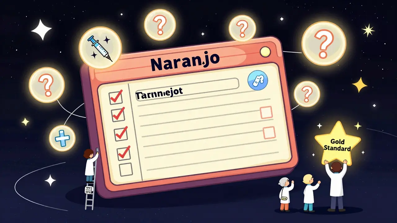A giant floating Naranjo Scale checklist with glowing questions and healthcare workers climbing toward a 'Gold Standard' star.