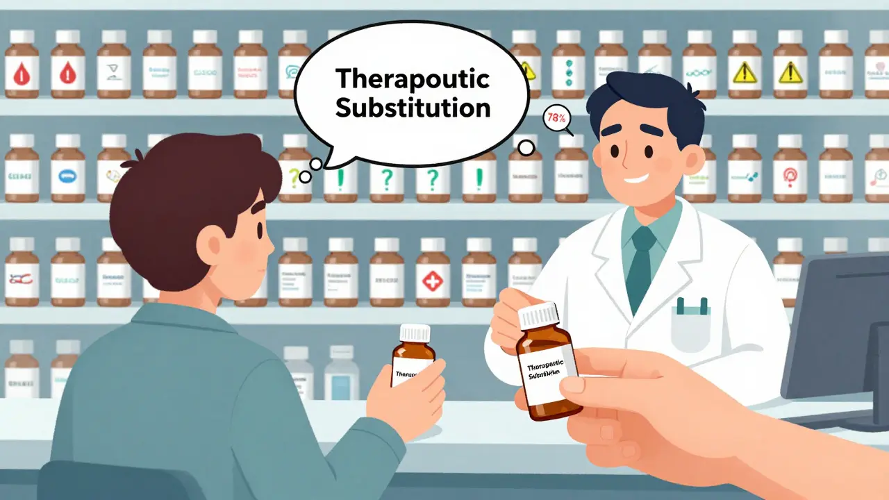 A patient's generic medication is swapped at the pharmacy without their knowledge, shown in a whimsical cartoon style.