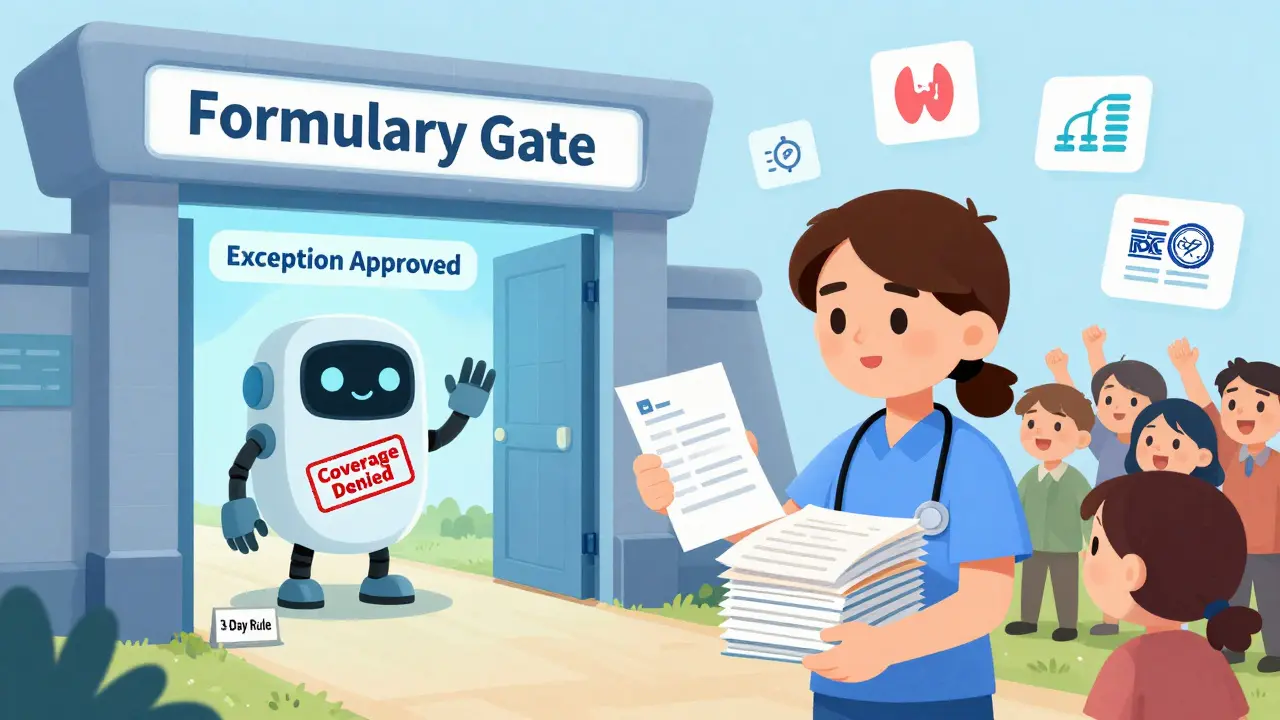 A patient appeals a drug coverage denial, standing before a bureaucratic gate guarded by a robot.