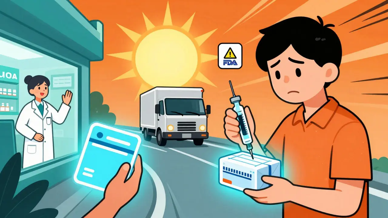 A person chooses a refrigerated insulin package from a local pharmacy instead of risky mail delivery.