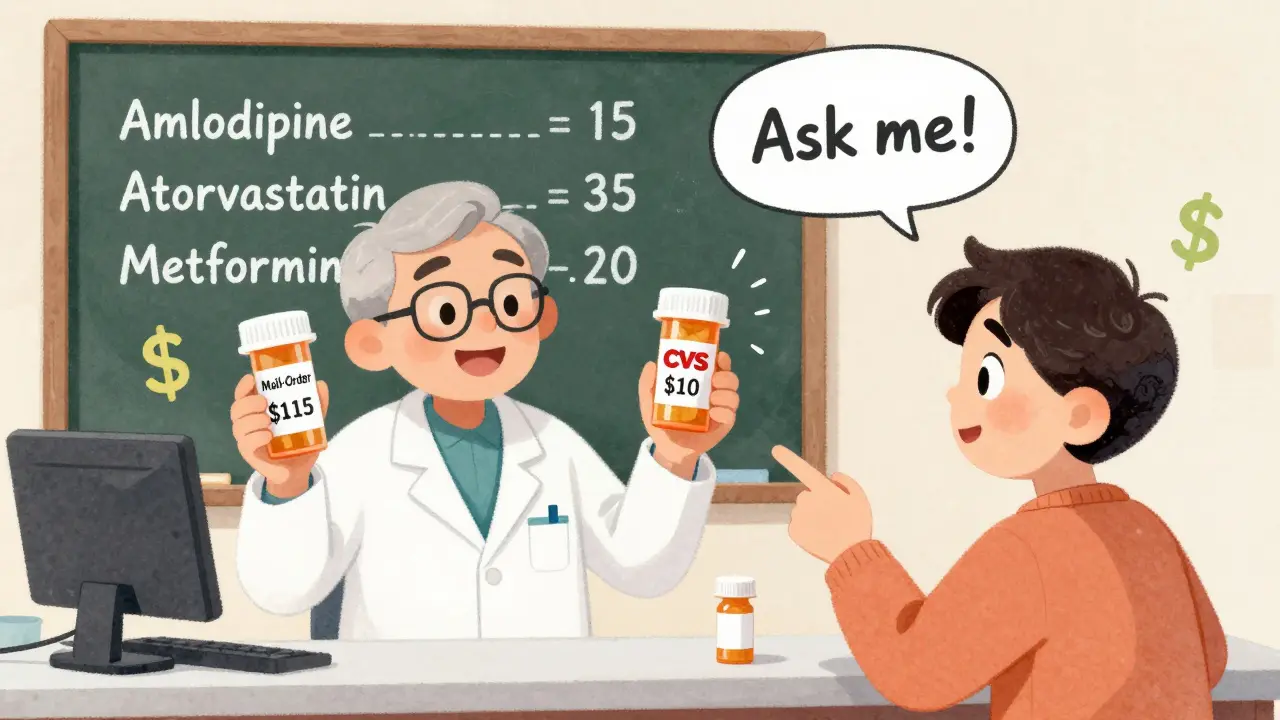 A pharmacist shows a patient two prescription options with price comparisons on a chalkboard.