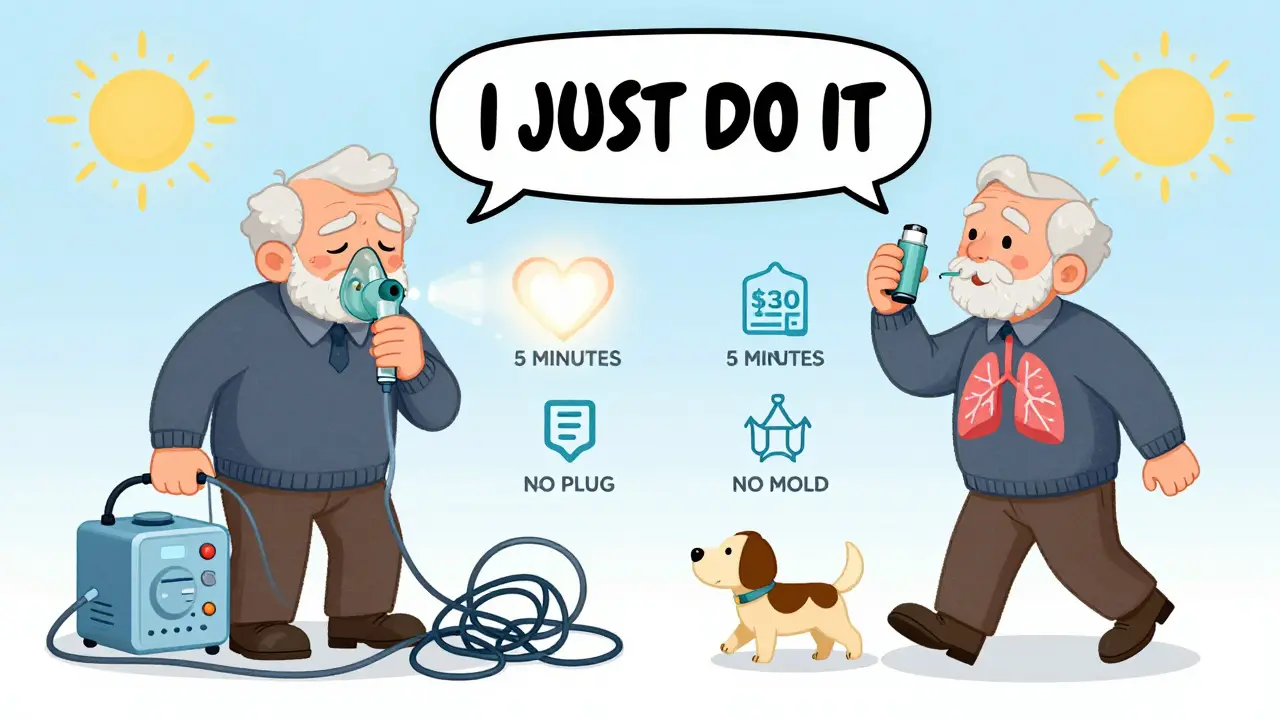 A side-by-side cartoon comparison: one side shows a messy nebulizer setup, the other shows a person using a spacer while walking, with icons for cost and time.
