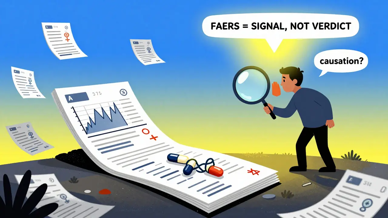 An explorer on a hill of reports using a magnifying glass to reveal hidden patterns, with FAERS warning light shining overhead.