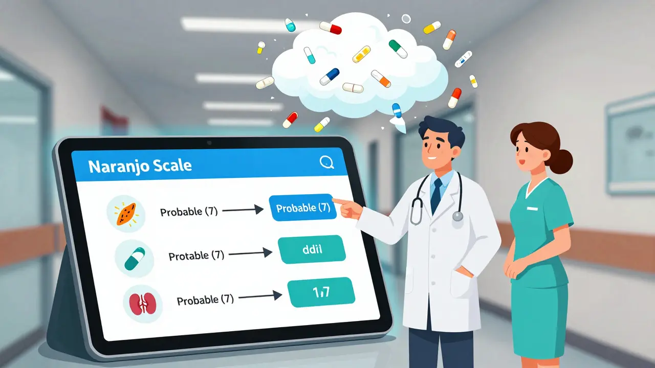 Digital tablet showing a Naranjo Scale app with drug-symptom connections and a 'Probable' score in a hospital hallway.