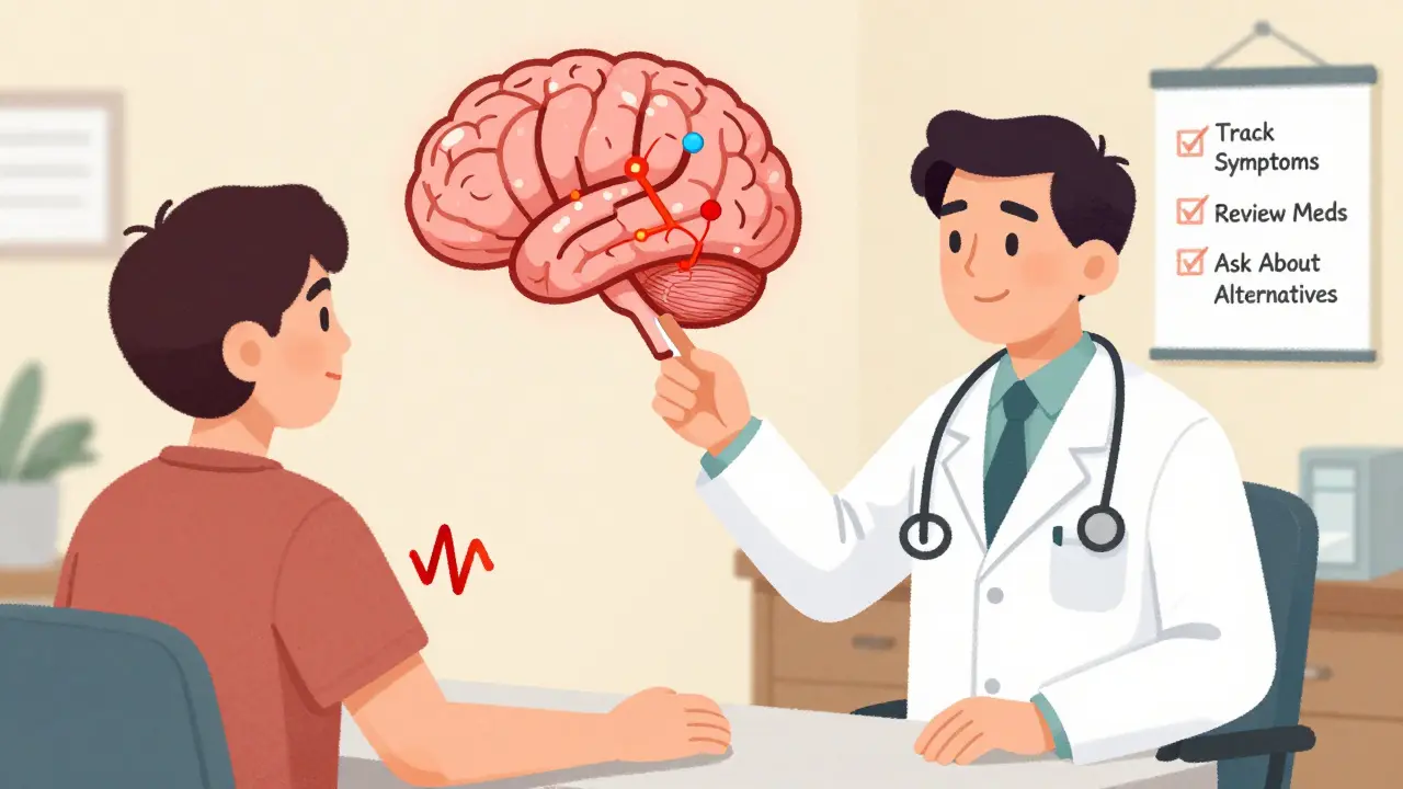 Doctor explaining drug effects on brain dopamine pathways to a patient in a clinic.
