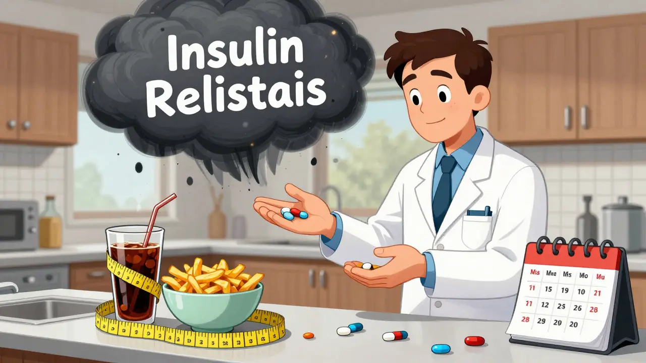 Doctor handing out separate pills while a storm cloud of insulin resistance looms over a kitchen scene.