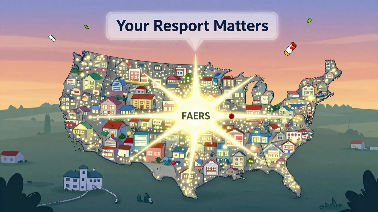 Glowing reports from across the U.S. converge into a neural network labeled FAERS, highlighting one critical report that triggered action.