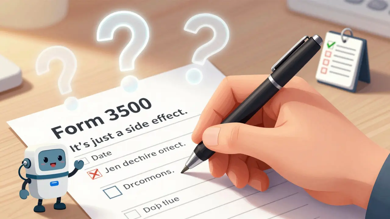 Hand filling out a paper FDA report form with floating warning icons and a helpful robot guiding the process.