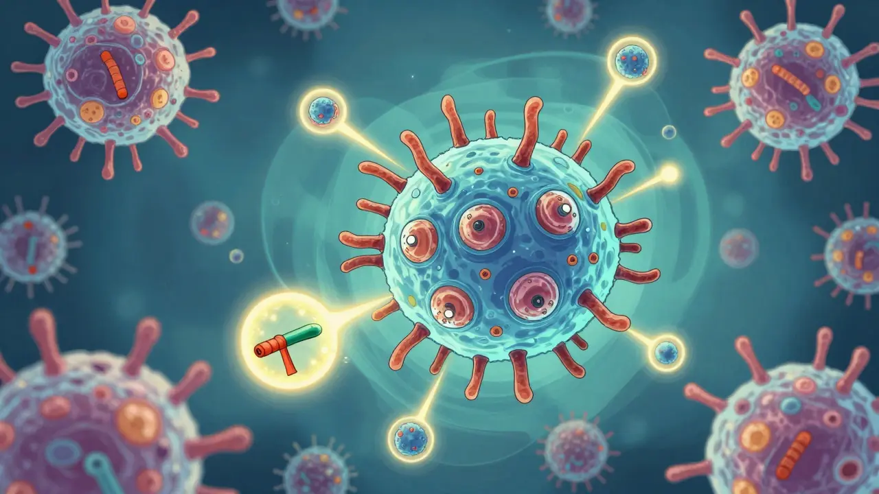 Immune cells attacking cancer cell after radiation damage and BRCA2 mutation