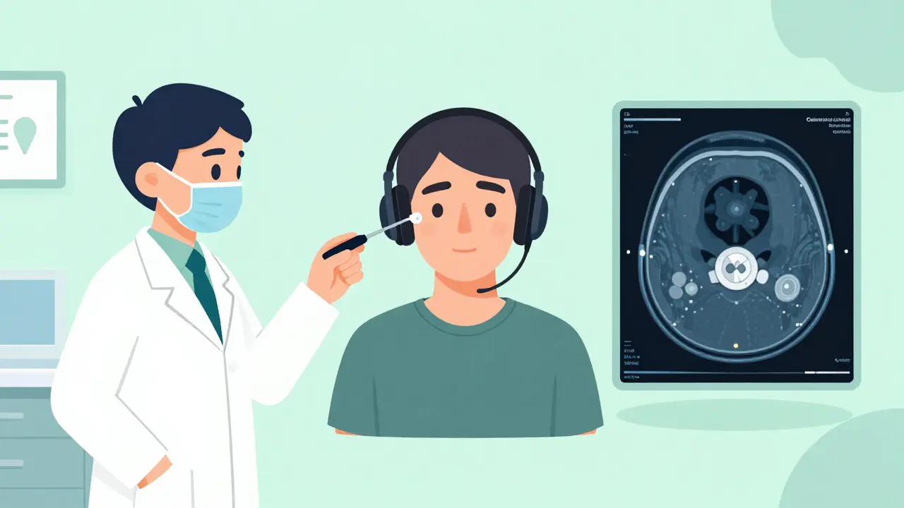 Medical evaluation process with ear probe, speech test, and CT scan.