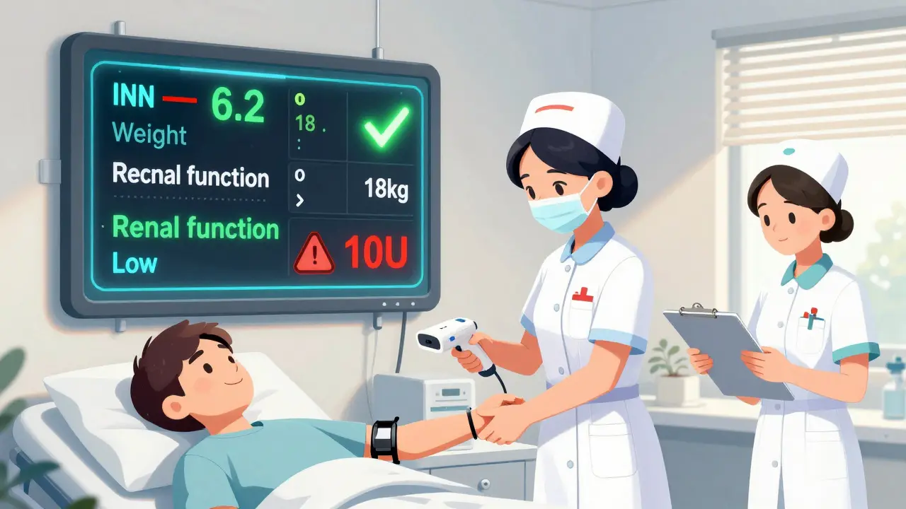 Nurse scans patient wristband while reviewing lab data, with warning sign flashing over incorrect dose entry.