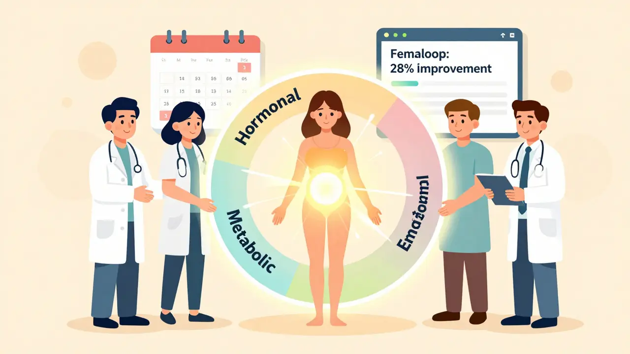 A care team balancing hormonal, metabolic, and emotional health through a glowing wheel of integrated care.