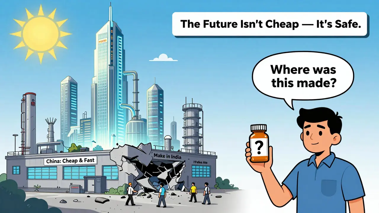 A futuristic Indian pharmaceutical facility producing advanced therapies while an old Chinese factory crumbles, patient holding a question-mark pill bottle.