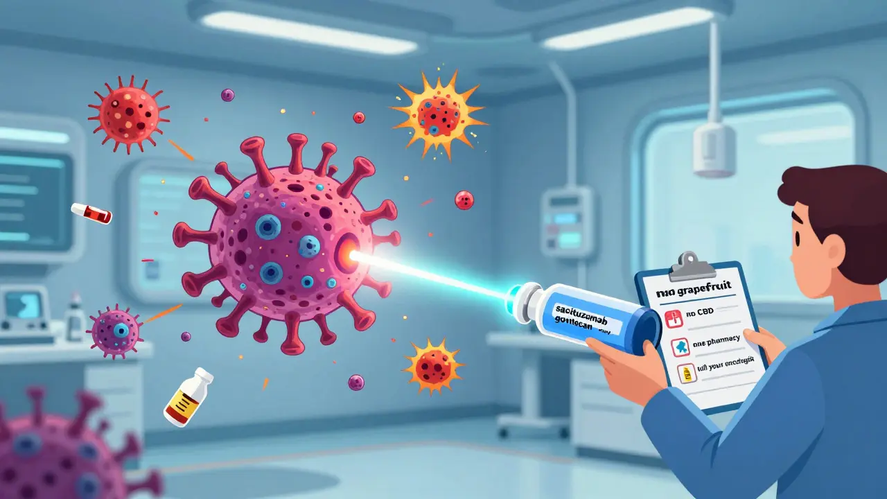 A futuristic targeted cancer treatment defeating chemo side effects, with a patient holding a safety checklist.