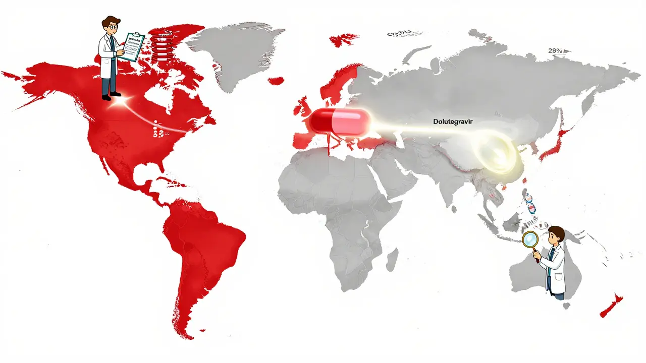 A global map showing high use of Lopinavir/Ritonavir in low-income regions and low use in the U.S.