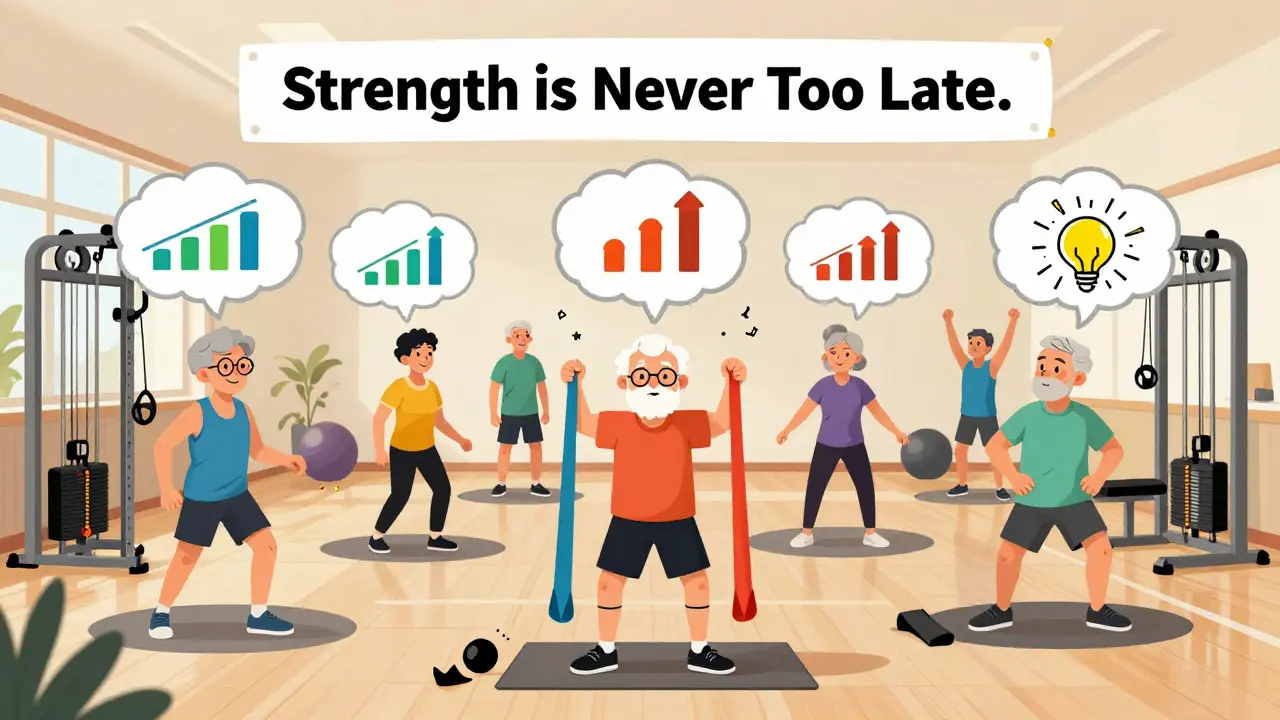 A group of seniors exercising with resistance bands and machines in a community center.