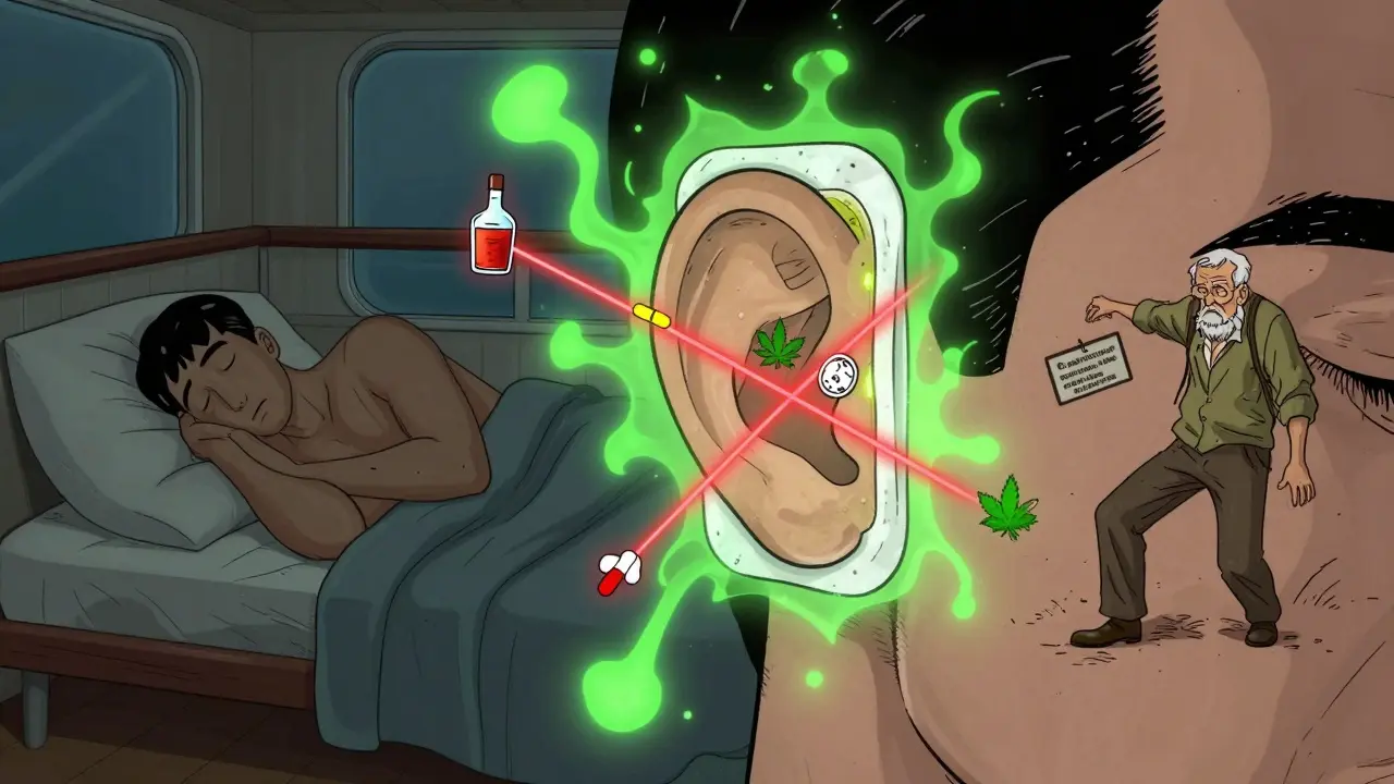 A large scopolamine patch on an ear emitting energy waves that clash with sedative symbols, showing contrasting states of calm and confusion.