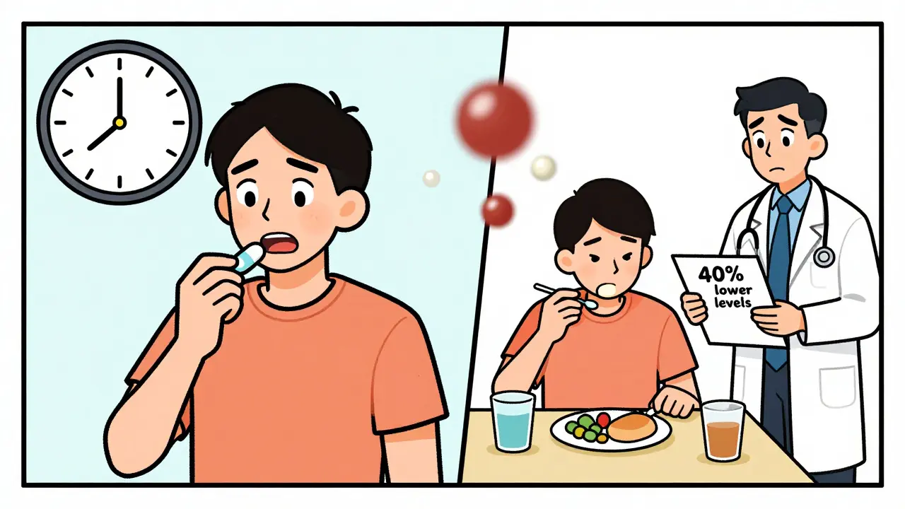 A patient taking oral chemotherapy at different times, with one scenario showing effective dosing and the other showing reduced effectiveness.