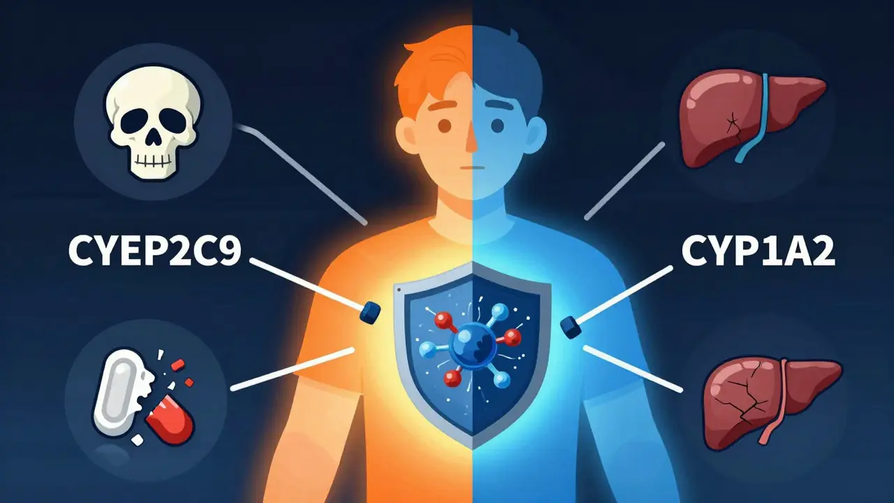 A person split into two metabolic states: one blocked by ritonavir, with warning symbols floating around.