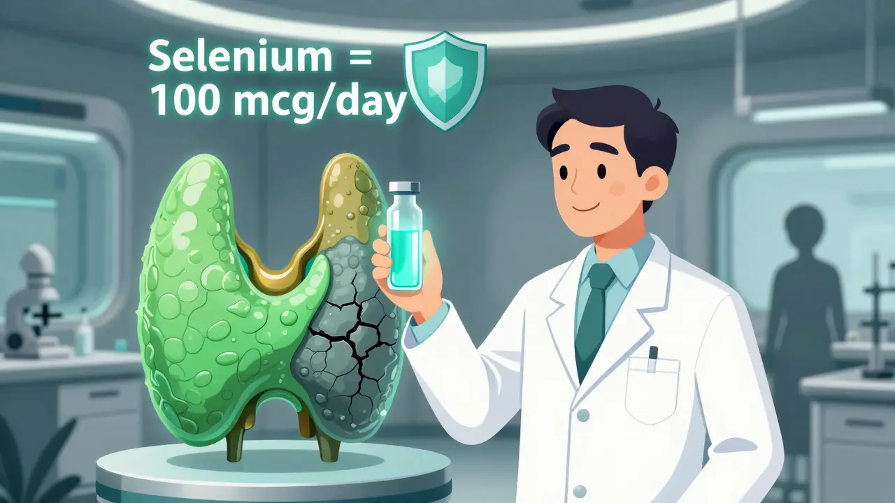 A scientist comparing healthy and damaged thyroid with selenium shield in a futuristic medical setting, cartoon style.