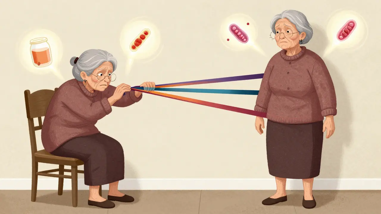 A woman comparing frailty and strength with resistance bands and glowing muscle icons.