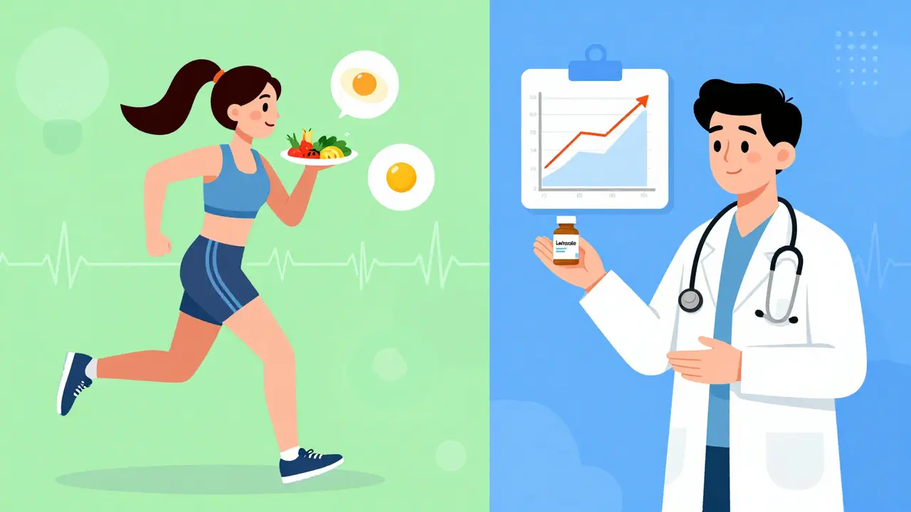 A woman exercising and taking letrozole, with visual indicators of weight loss and improved ovulation.