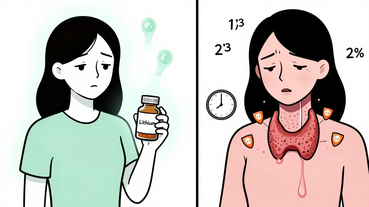 A woman on lithium with one side showing stable mood and the other showing thyroid stress, in cartoon style.