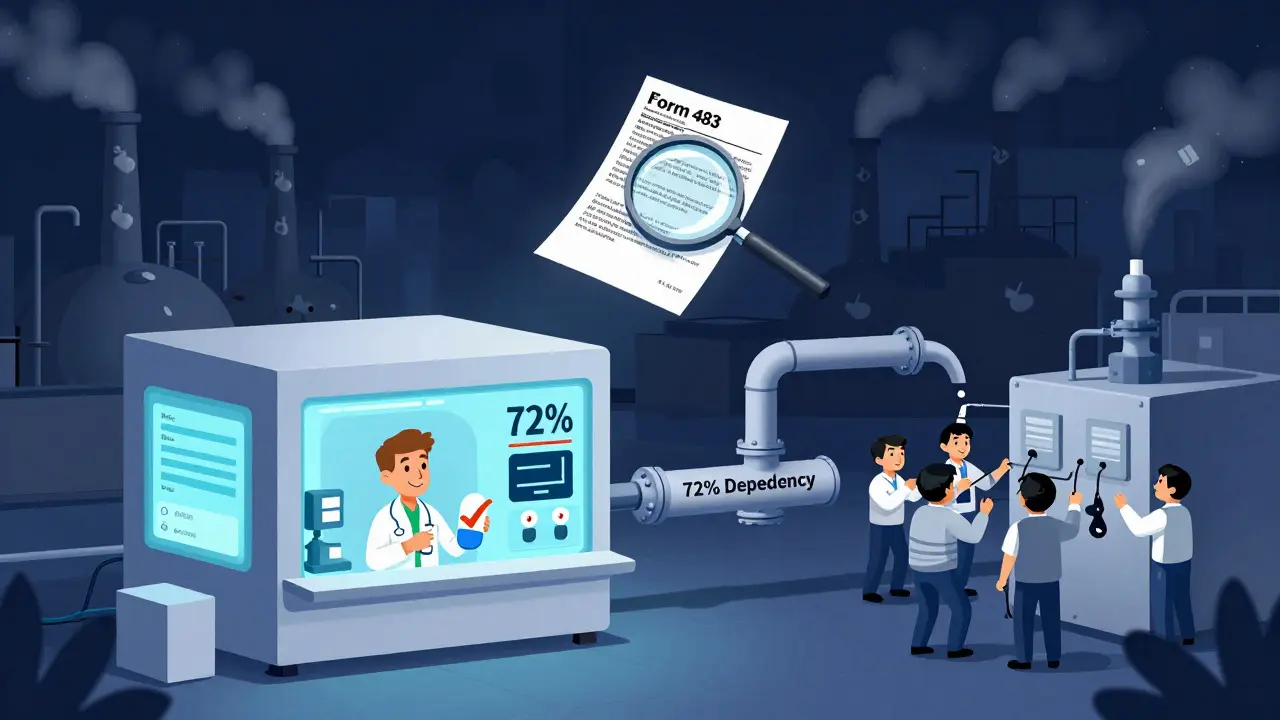 An advanced Indian drug plant with digital monitors connected to a shadowy Chinese factory via a dependency pipeline, FDA inspection notice floating.