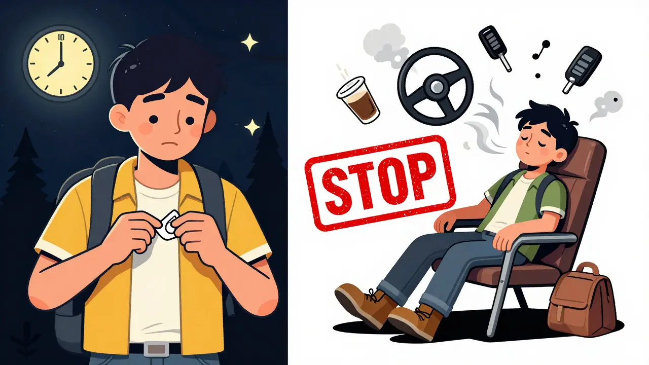 Before-and-after scene: a person applying a patch at night versus becoming drowsy the next day, with key objects dissolving into smoke.