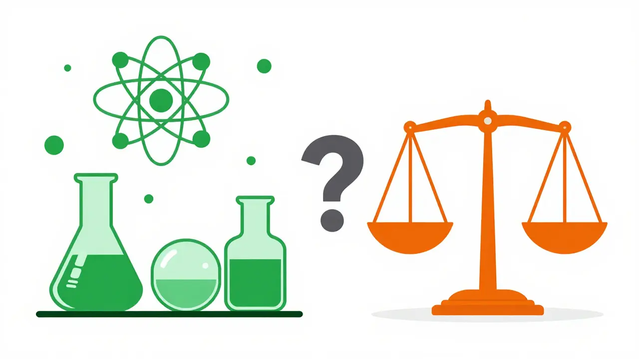 Concept graphic comparing science molecules with legal document icons.