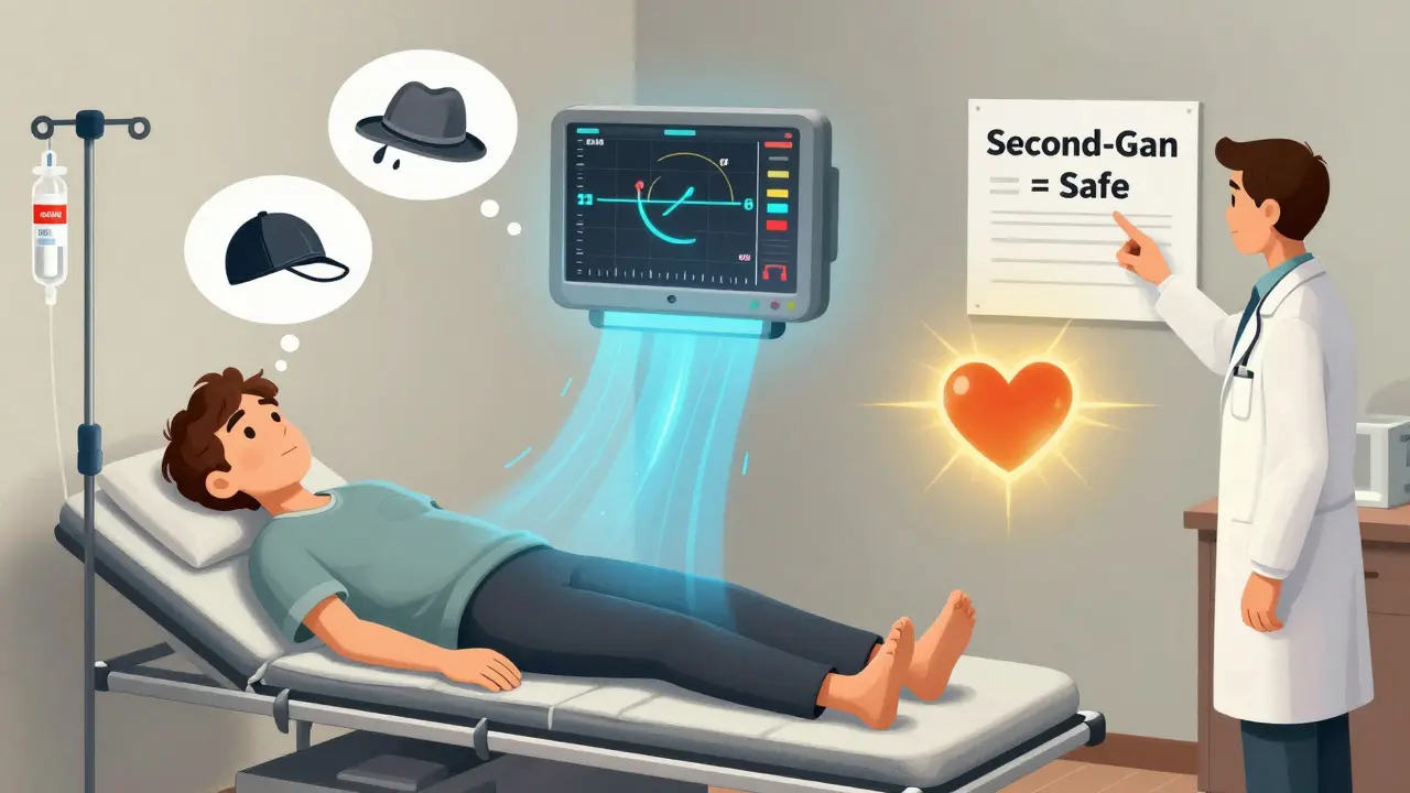 Patient receiving IV antihistamine with dropping blood pressure, contrasted with another taking a safe option and glowing heart symbol.