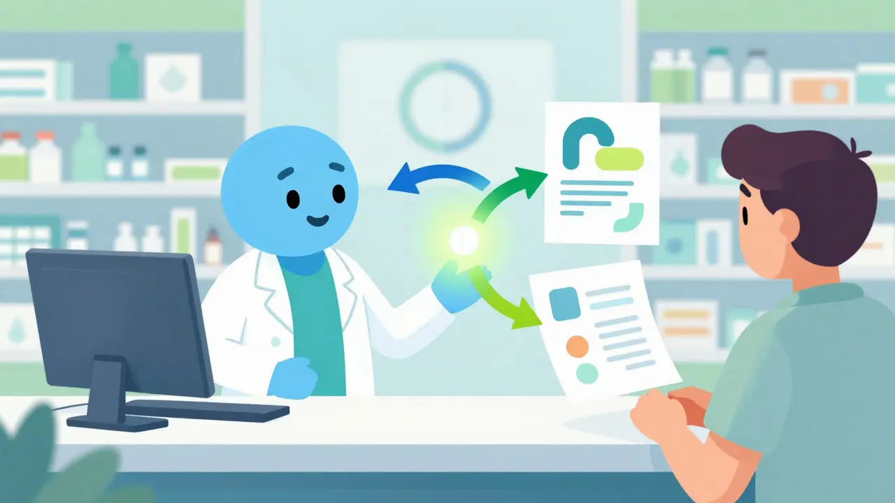 Pharmacist and patient discussing a synchronized medication plan at counter.