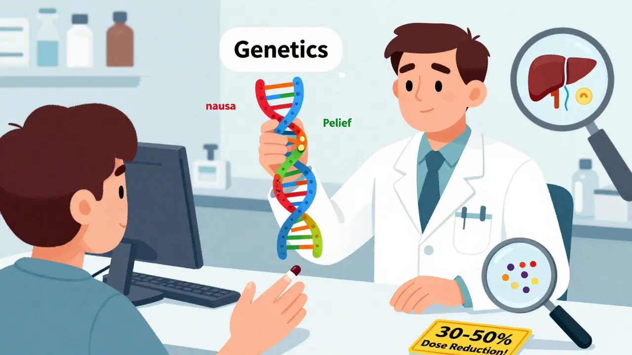 Pharmacist holding DNA strand showing different opioid responses, with warning about dose reduction.