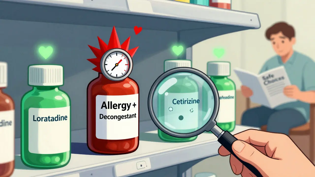 Pharmacy shelf showing dangerous allergy-decongestant combos versus safe antihistamines with heart-friendly icons.