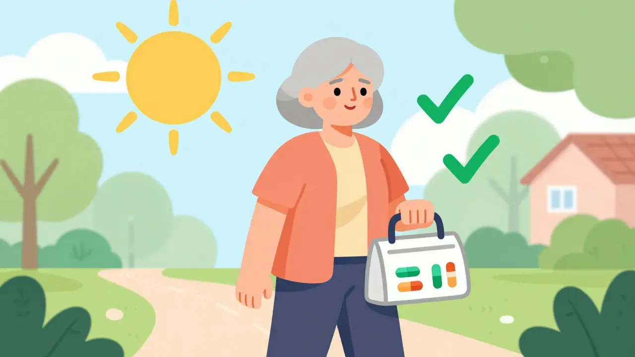 Smiling senior woman walking with a single organized medication bag.