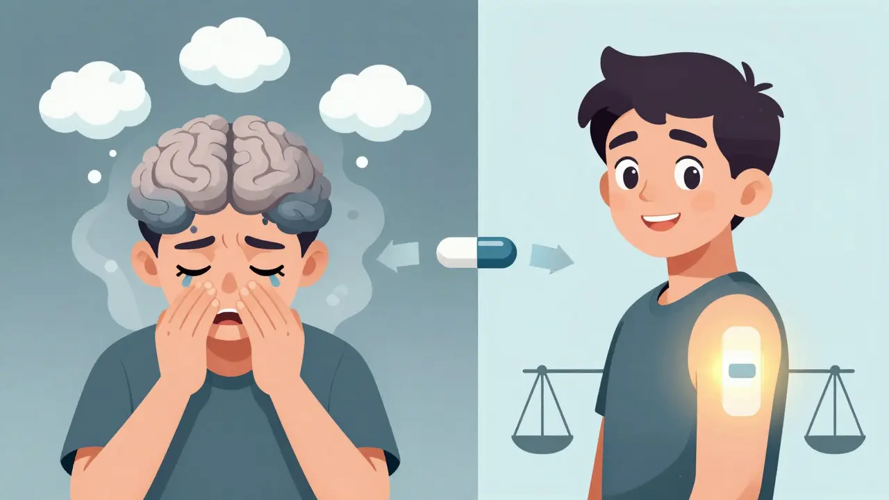 Split scene: patient suffering from side effects on left, relieved and smiling with new opioid patch on right.