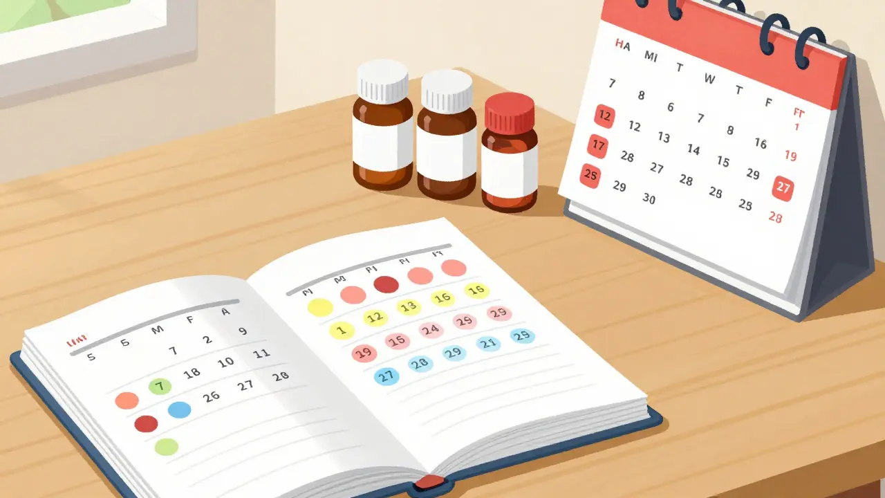 Top view of organized desk with planner and medicine bottles.