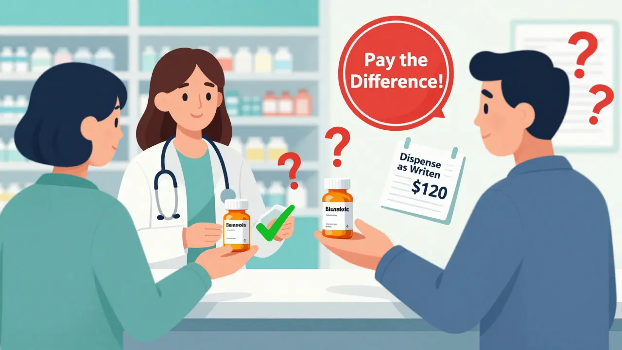 Two patients at a pharmacy: one pays  for a generic, the other pays 0 for a brand with a 'Pay the Difference' warning.