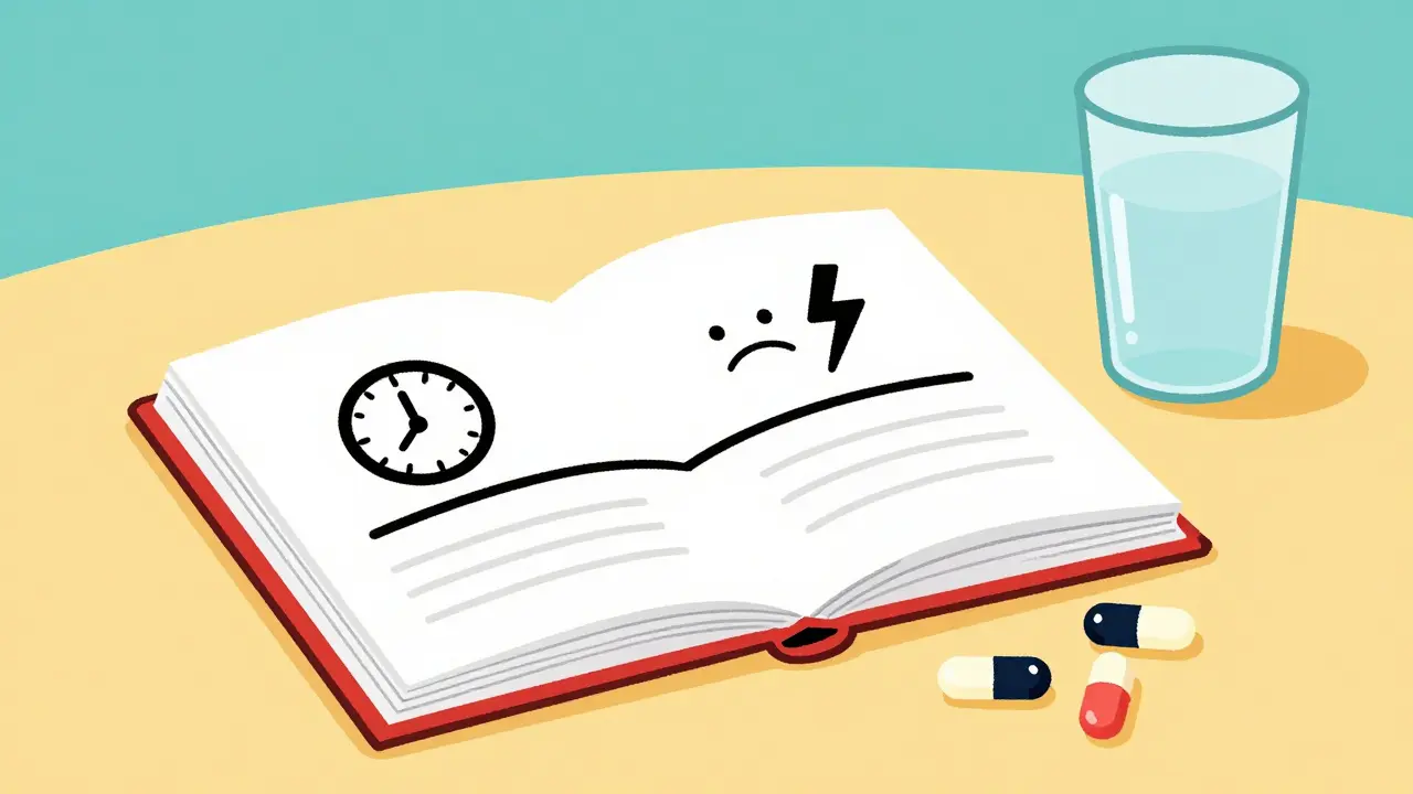 A colorful diary with icons and a timeline used to track medication side effects.