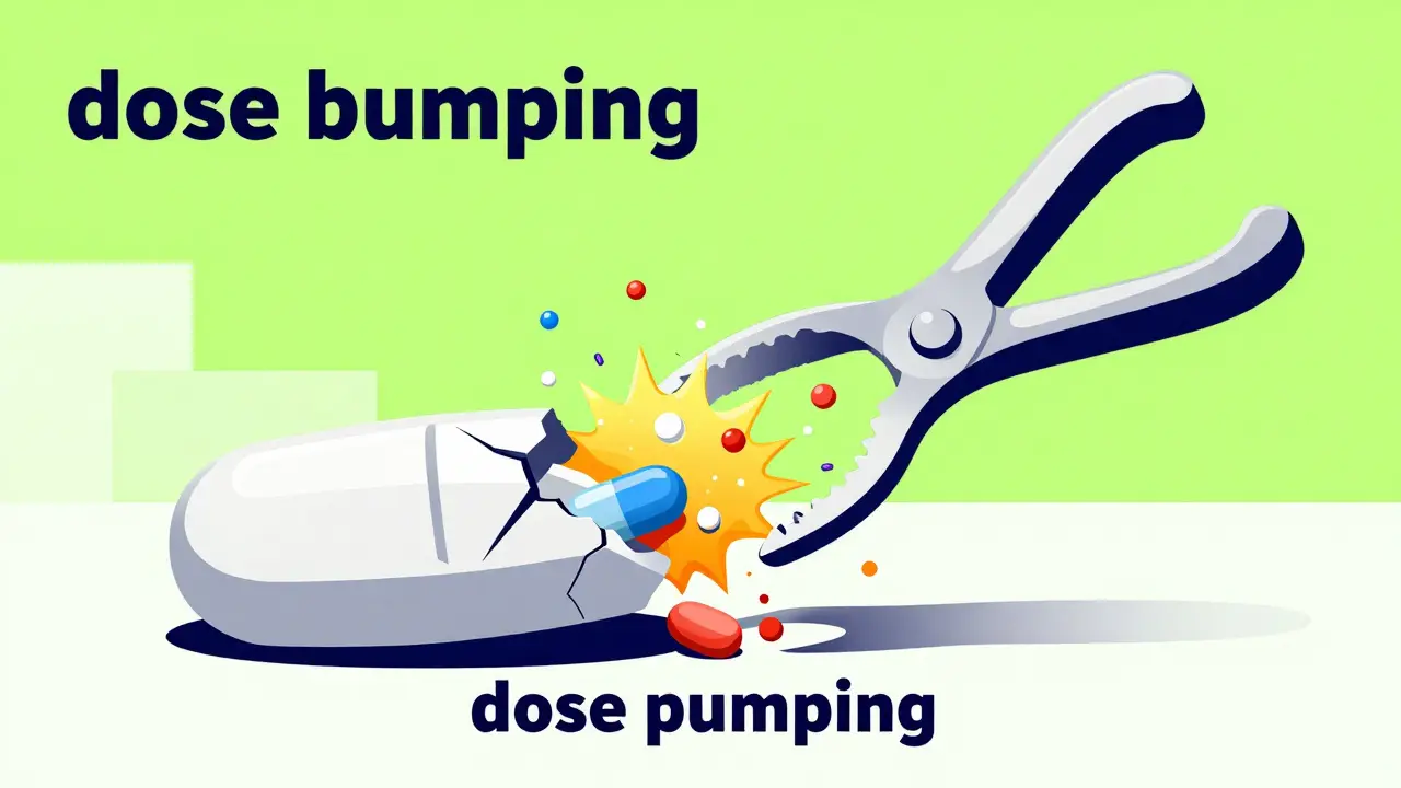 An extended-release pill breaking and releasing a sudden burst of medicine particles.