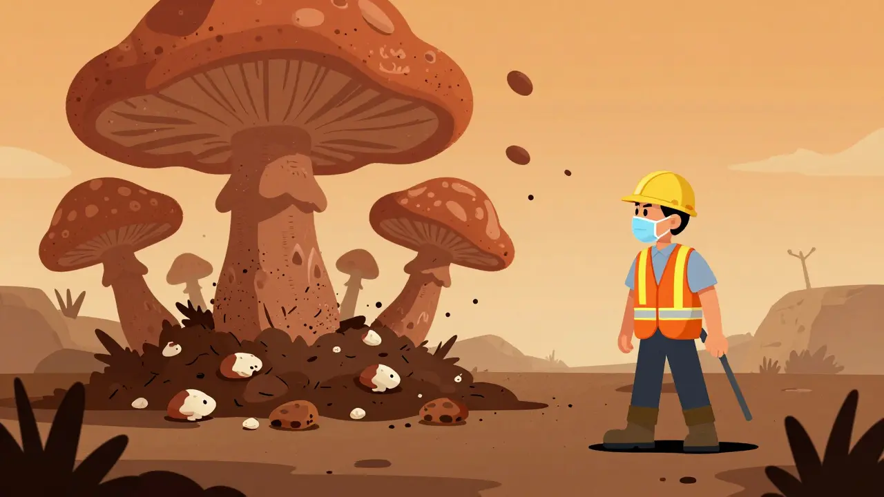 Cartoon construction worker in a dusty area with floating fungal spores