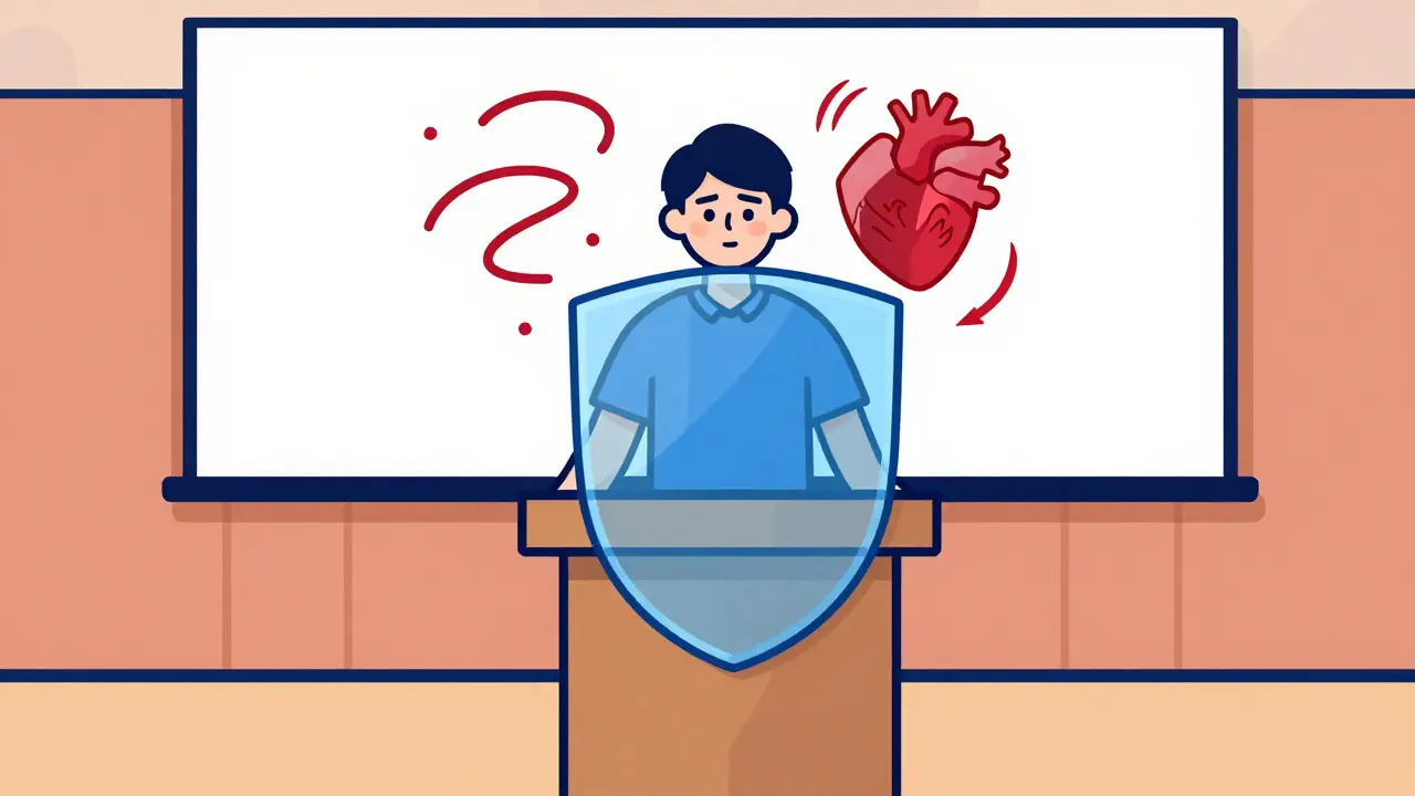 Confident person speaking at a podium with a protective shield blocking anxiety