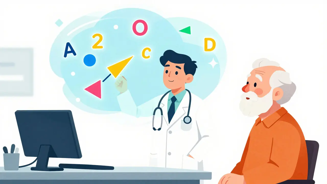 Doctor and senior patient examining floating mathematical kidney function formulas in a clinic.