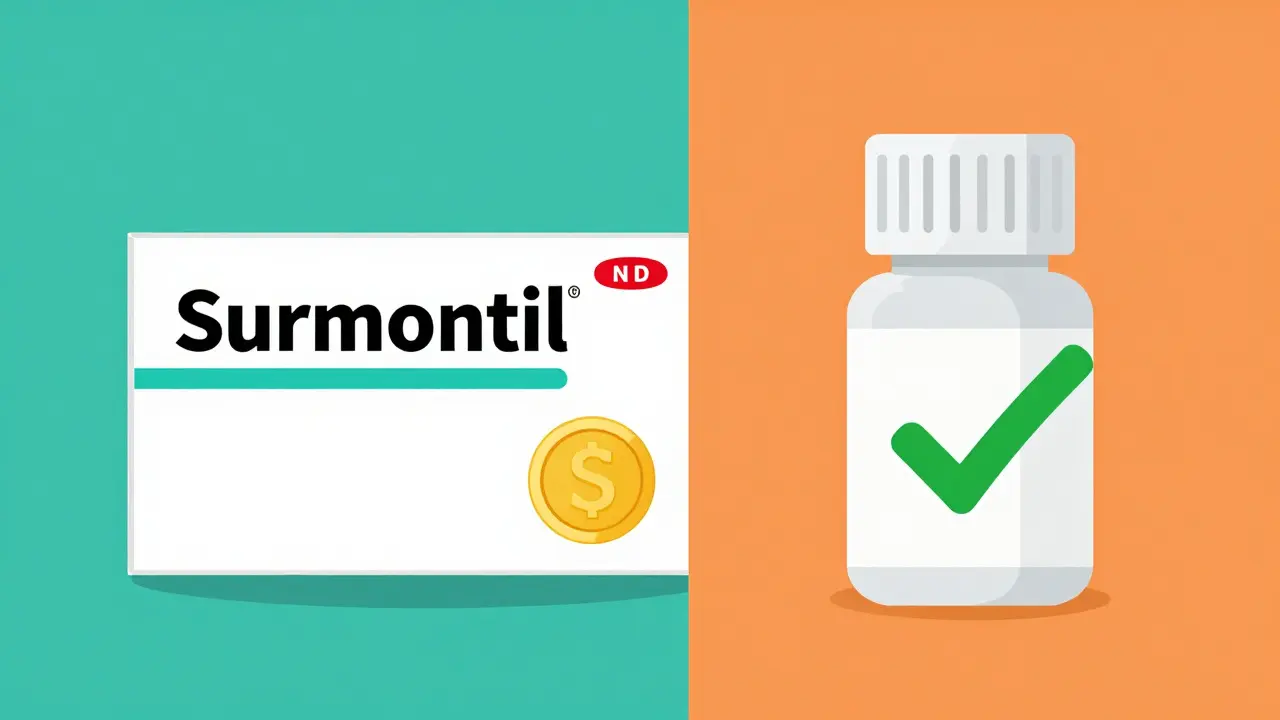 Illustration comparing a brand name drug box and a generic drug bottle with savings symbols
