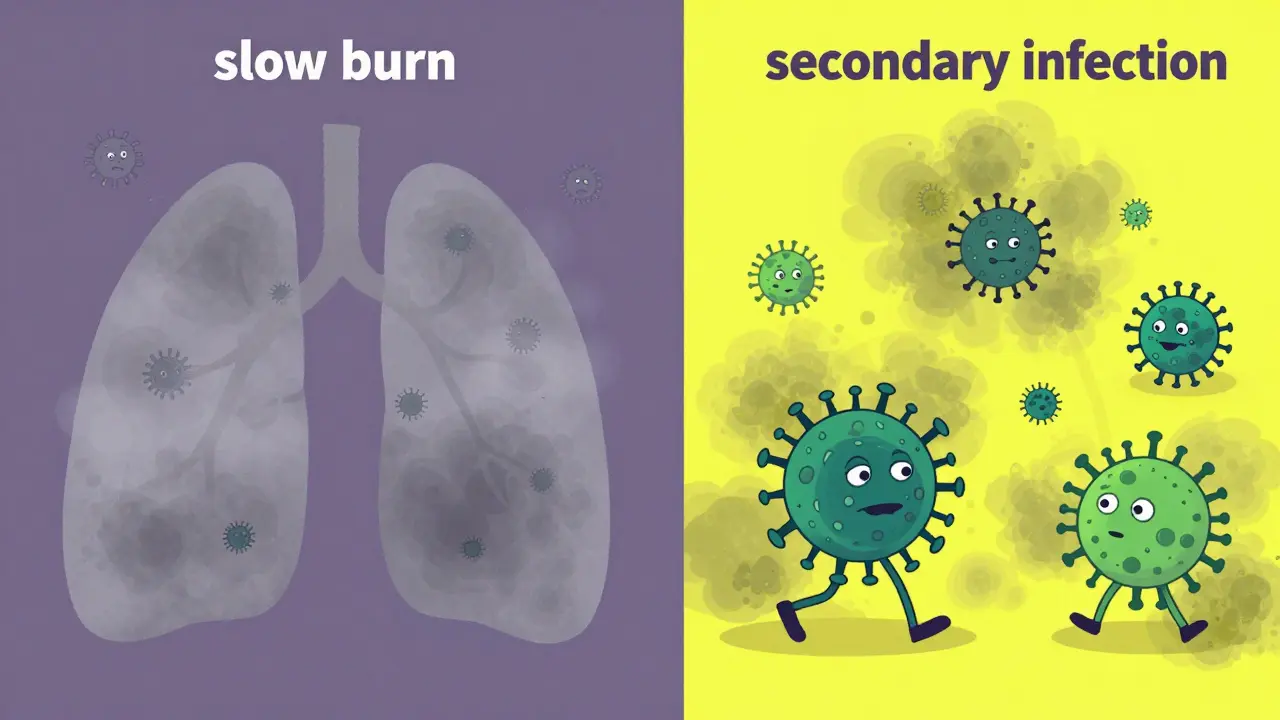 Illustration showing a hazy viral fog in lungs being invaded by bacteria