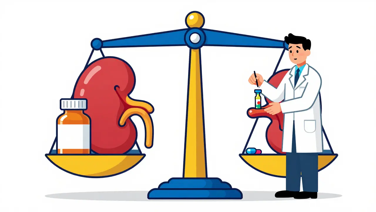Pharmacist using a balance scale to adjust medication dosage for a stylized kidney.