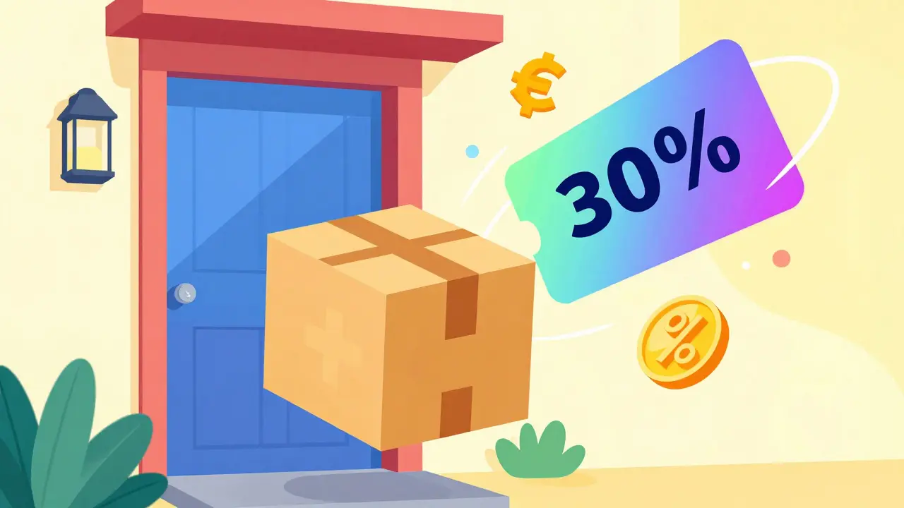 Stylized medical delivery package and a floating discount coupon